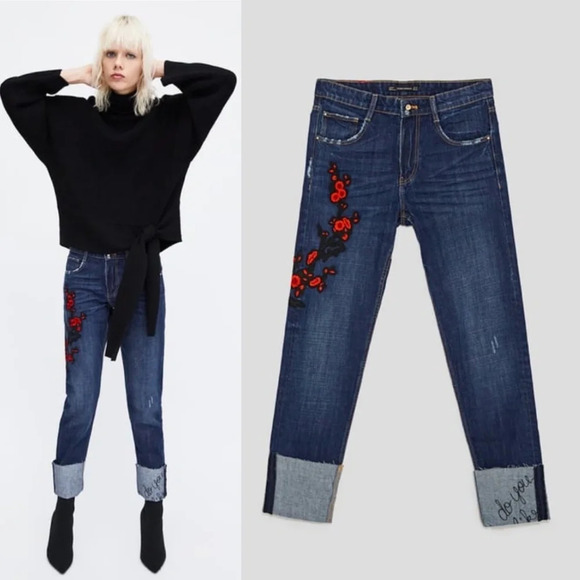 Zara Denim - Zara Floral Embroidered Cigarette‎ Jeans Dark Wash